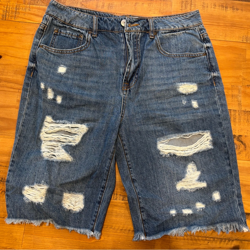 Madden Girl Blue and White Distressed Jean Shorts
